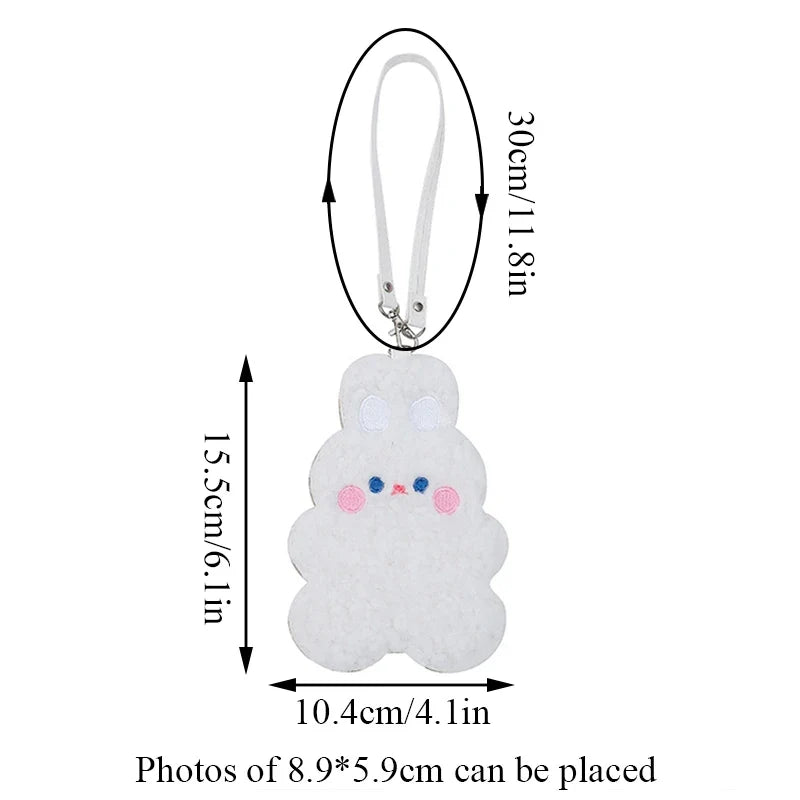 Animal photo card sleeve, white plush bunny shape with keyring and size details