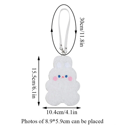 Animal photo card sleeve, white plush bunny shape with keyring and size details
