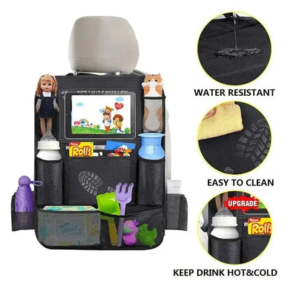 Black car seat organizer with tablet window, bottle sections, and multiple front storage pockets.