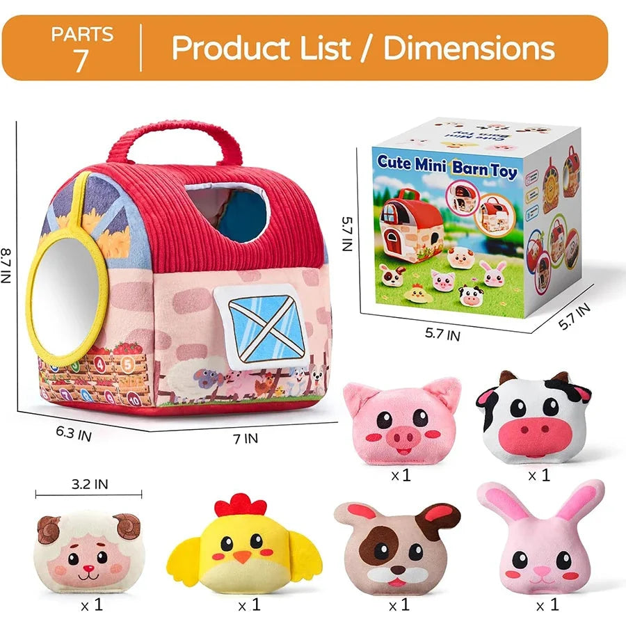 Soft mini barn plush toy with carry handle and small animal plush accessories