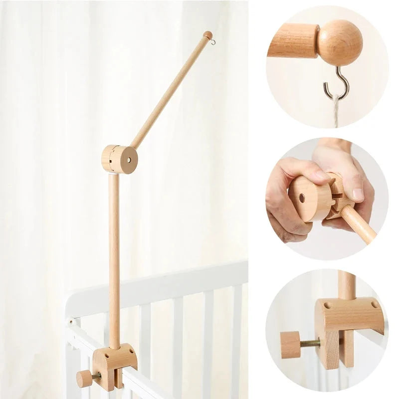 Wooden baby crib mobile holder with curved stand and small connector clips