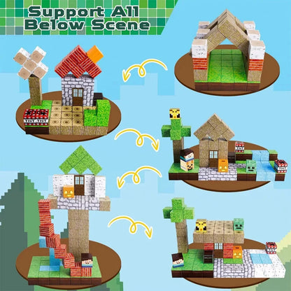 Magnetic cube block houses on round bases showing stacked support and multiple builds