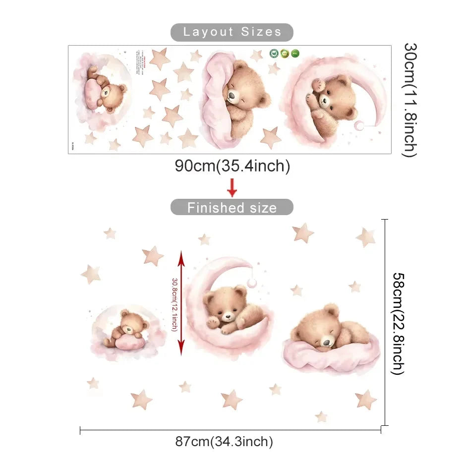 Kids & Nursery Wall Stickers – Watercolour Bears, Hearts & More | Self-Adhesive Peel & Stick | Nursery, Bedroom & Playroom Decor
