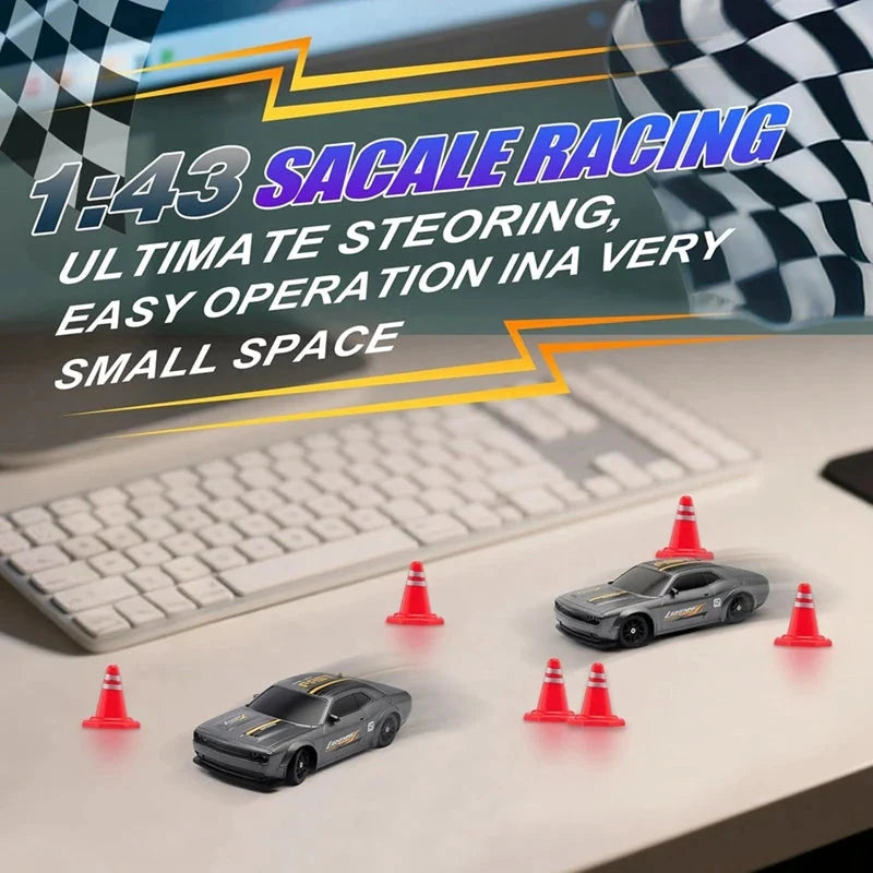 1:43 scale RC racing cars with cones on a tabletop