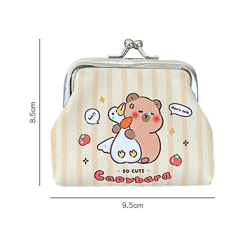 Beige striped capybara coin purse with kiss-lock metal clasp and front cartoon graphic