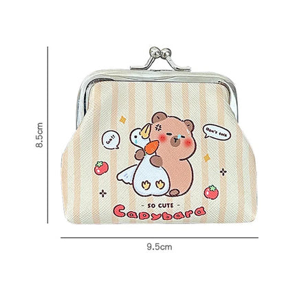 Beige striped capybara coin purse with kiss-lock metal clasp and front cartoon graphic