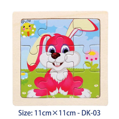Kids wooden jigsaw puzzle with red cartoon dog illustration, 11cm x 11cm