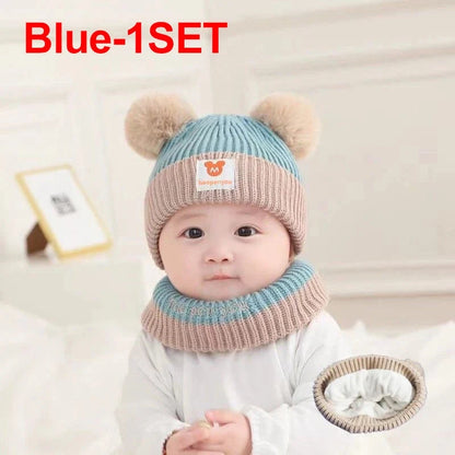 Blue kids bear-ear ear protection hood hat with pom-pom ears and knit collar