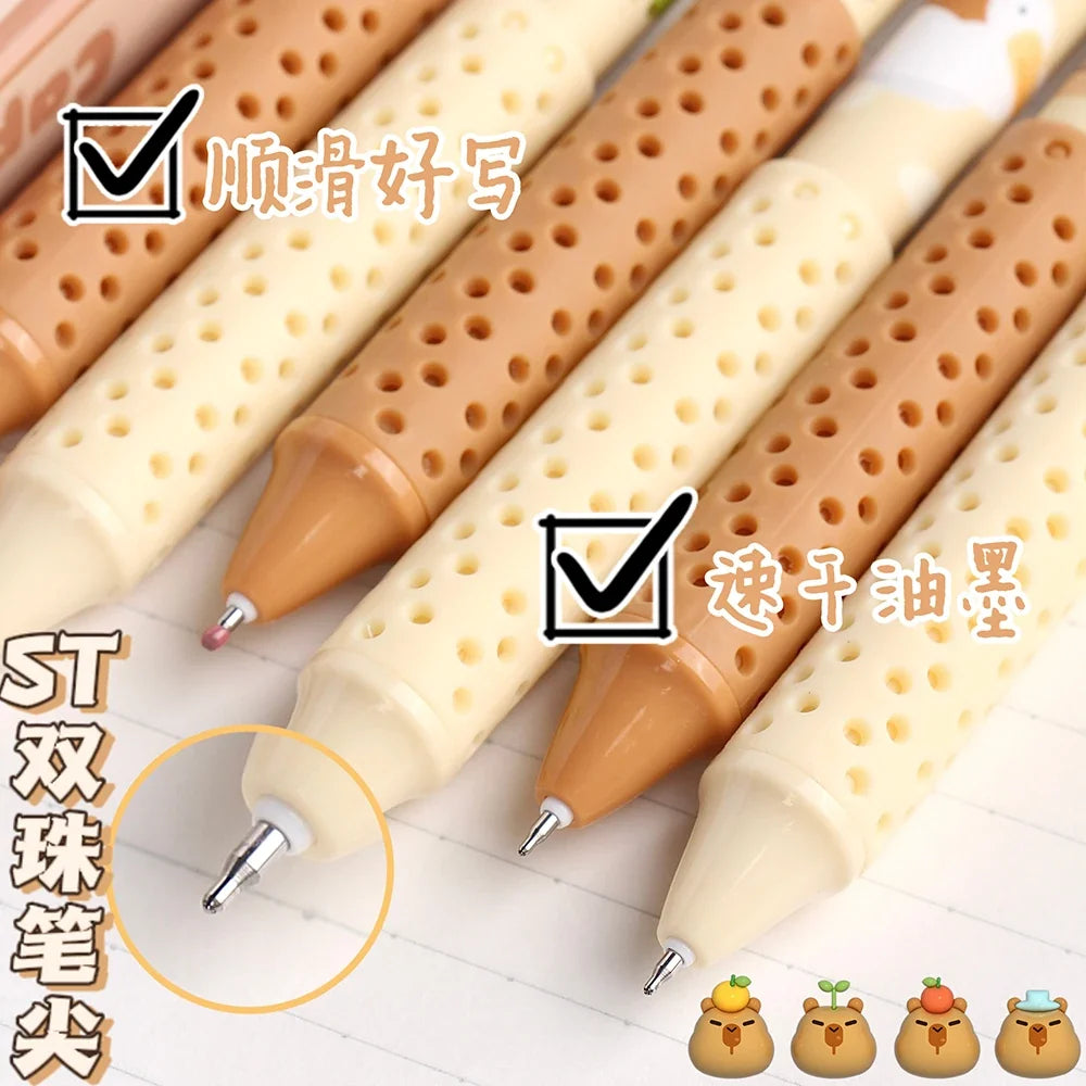 Close-up of capybara gel pen tips, 0.5mm point, beige and brown textured grips