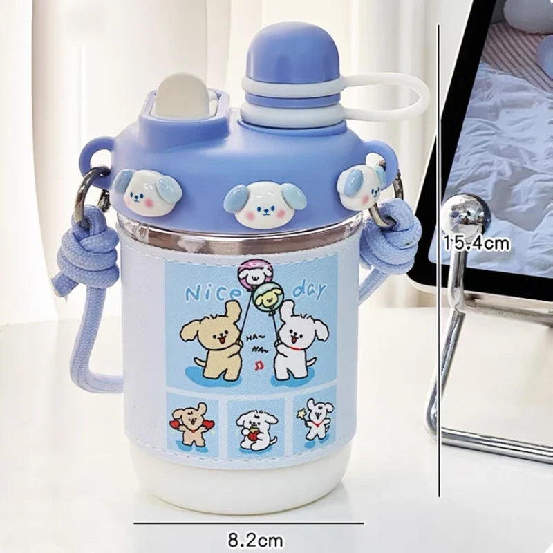Blue animal water bottle with straw, carry strap, and teddy and dog cartoon prints
