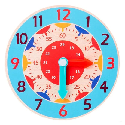 Round educational clock toy with blue border, red/blue hands and printed numbers