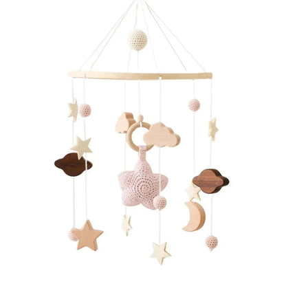 Baby crib mobile with clouds, stars, moon, and crochet hanging toys