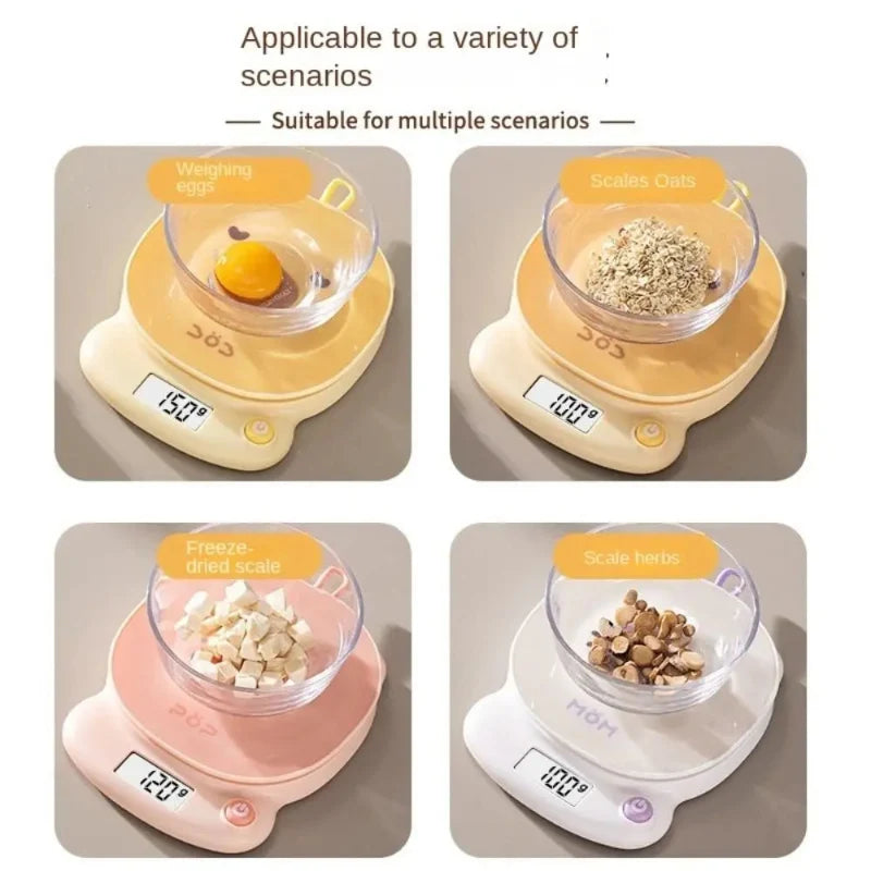 Set of four animal digital kitchen scales in pink, yellow, and white colors