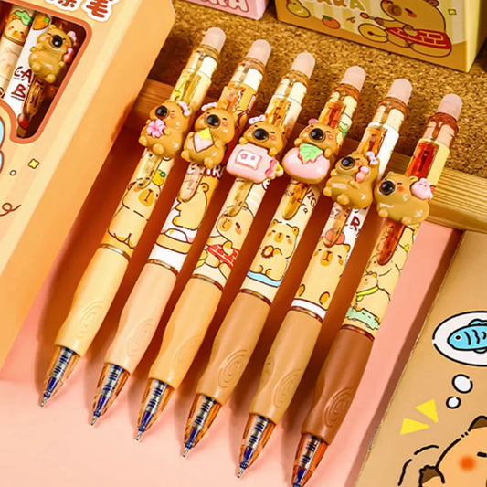 Kawaii Capybara Erasable Gel Pens – Set of 6 Cute Capy Buddies Pens | Blue Ink | Kawaii Stationery Gift