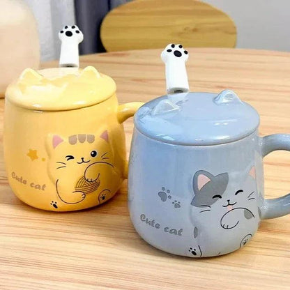 Yellow and blue cat ceramic mugs with lidded spoon rests