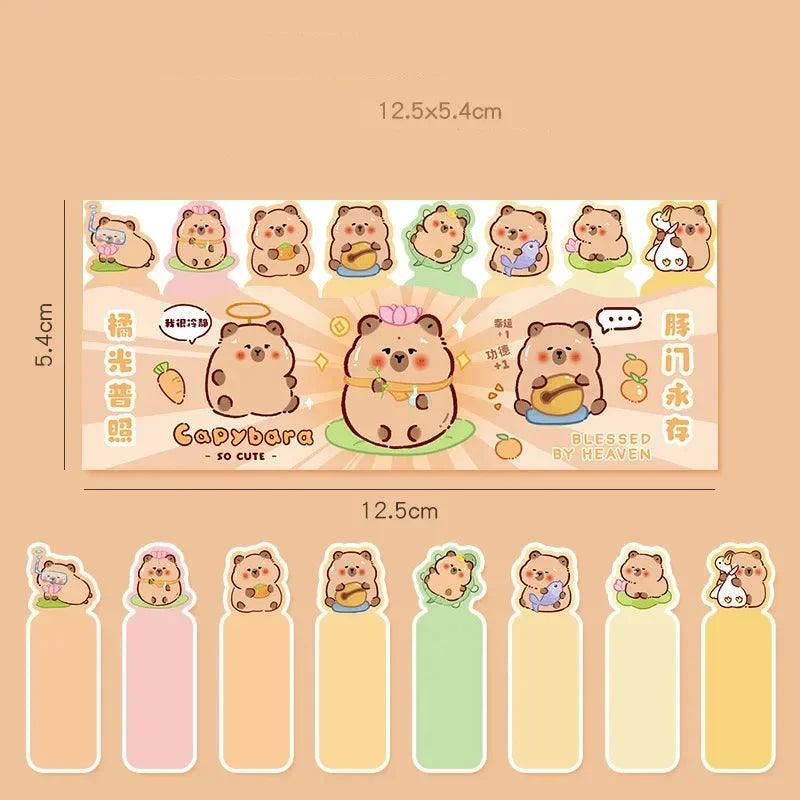 Capybara sticky note bookmark strip with dimensions and pastel colored tab positions