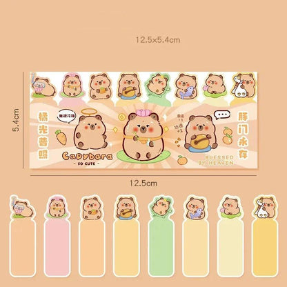 Capybara sticky note bookmark strip with dimensions and pastel colored tab positions