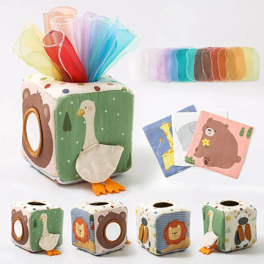 Cloth busy box tissue toy cube with owl face, duck base, and rainbow fabric scarves