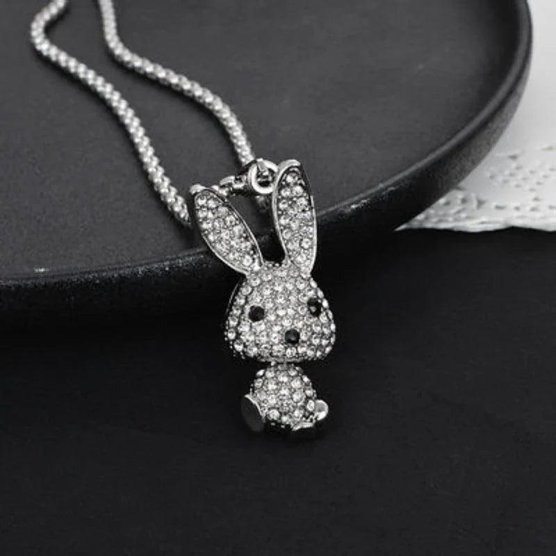 Rhinestone rabbit pendant necklace close-up with chain and black-eyed face