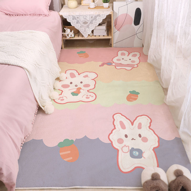 Pastel animal area rug with bunny, teddy, hearts, and cloud shapes