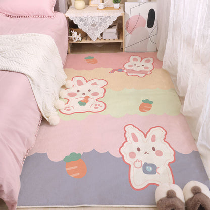 Pastel animal area rug with bunny, teddy, hearts, and cloud shapes