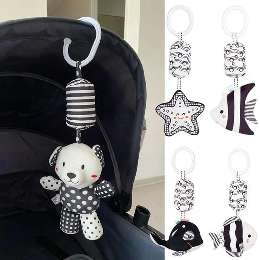 Panda plush stroller hanging bell rattle with striped and polka-dot fabric