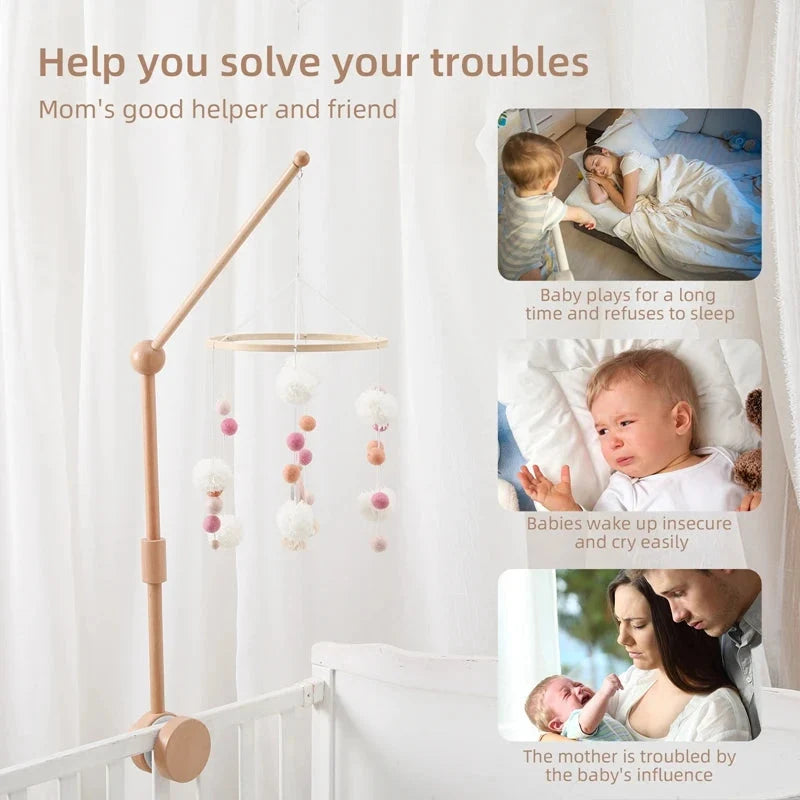 Wooden baby crib mobile holder with long arm and hanging mobile attachment points