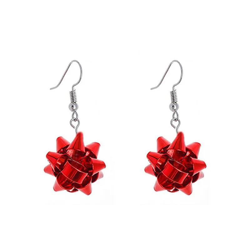 Red bow rosette drop earrings with silver hooks and hanging chain links