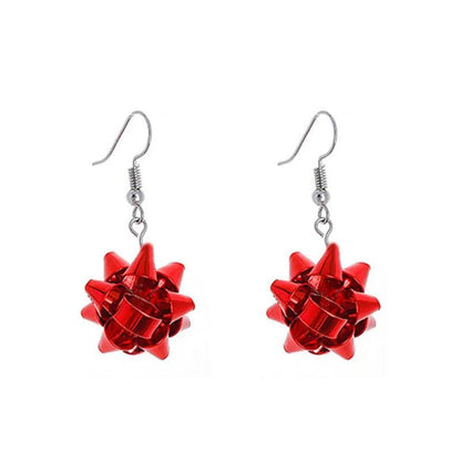 Red bow rosette drop earrings with silver hooks and hanging chain links