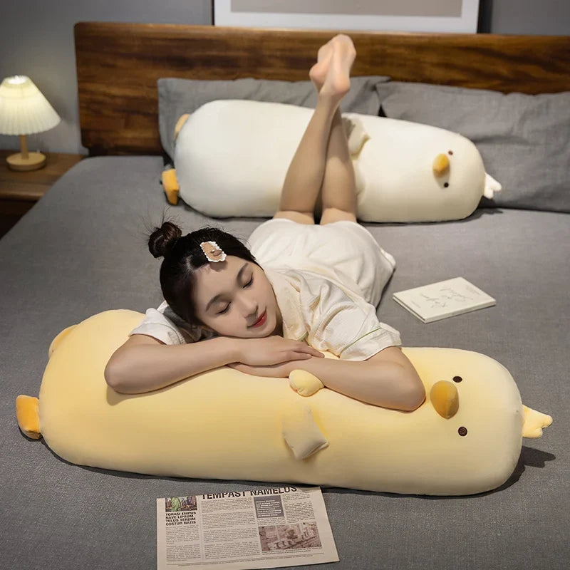 Long chick plush pillow set with white and yellow bodies and embroidered beaks