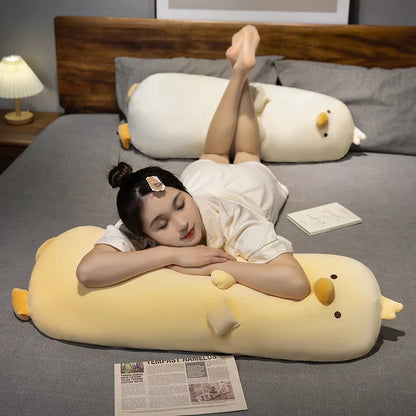 Long chick plush pillow set with white and yellow bodies and embroidered beaks