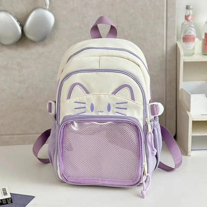 Purple and white cat-face school backpack with top handle and adjustable shoulder straps