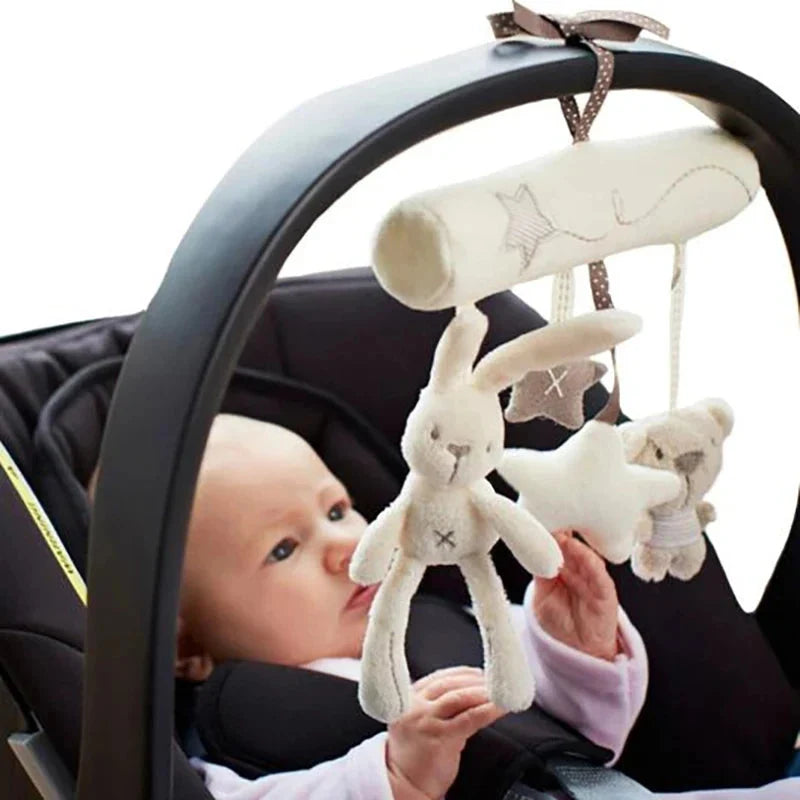 Baby Stroller Hanging Toy – Plush Rabbit, Bear & Star Set with Spiral Cord & Clip | Crib, Car Seat & Pram Mobile | Newborn Baby Shower Gift