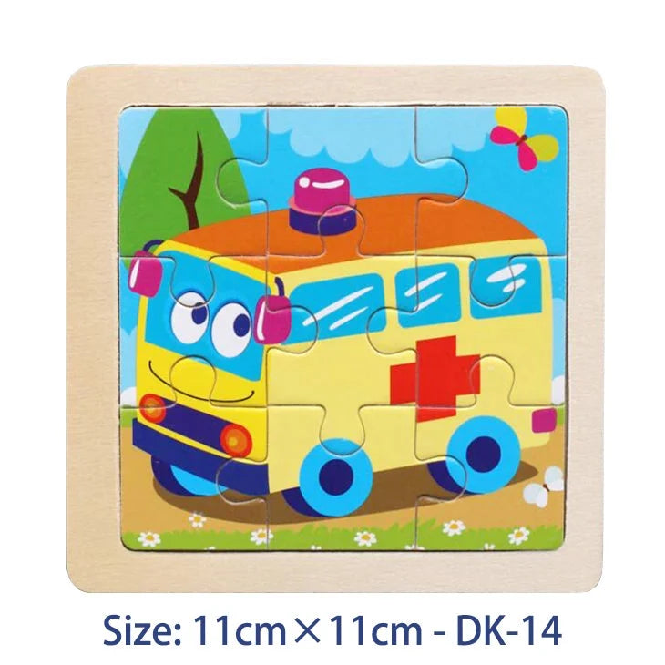 Kids wooden jigsaw puzzle tile set, yellow train theme, 11x11 cm