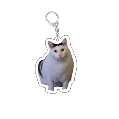 Cat keychain with silver ring and clip; light-gray cat with neutral expression.