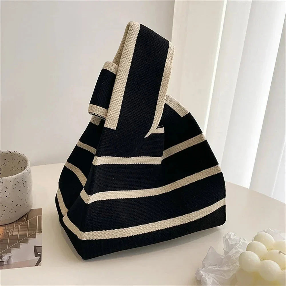 Handmade knitted mini tote handbag, black with cream stripes and wide top handle