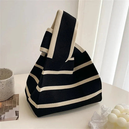 Handmade knitted mini tote handbag, black with cream stripes and wide top handle