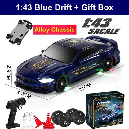 Blue 1:43 drift RC car set with remote control and spare wheels, gift box