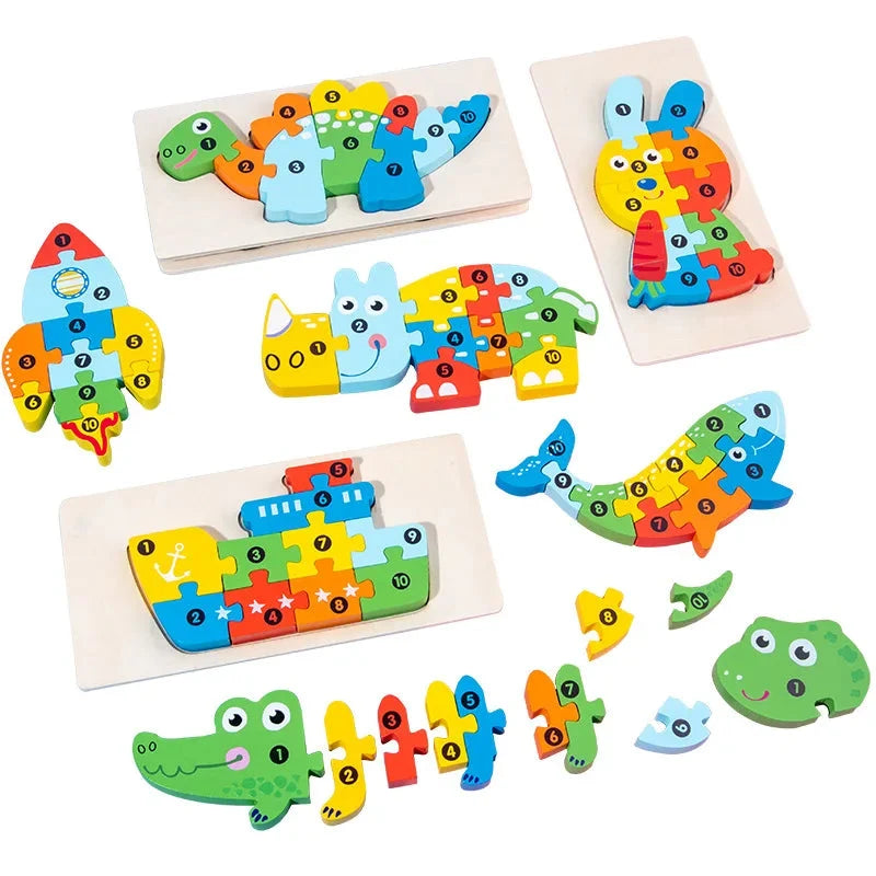 Children’s wooden numbered animal jigsaw puzzle set with multiple base boards