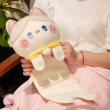 Light grey and pink cat pillow blanket, plush face hood over rolled blanket