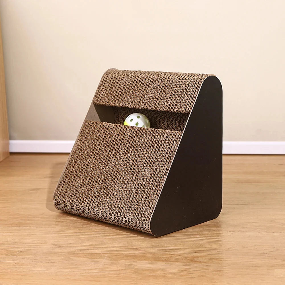 Triangular corrugated cardboard cat scratcher with toy ball in top compartment