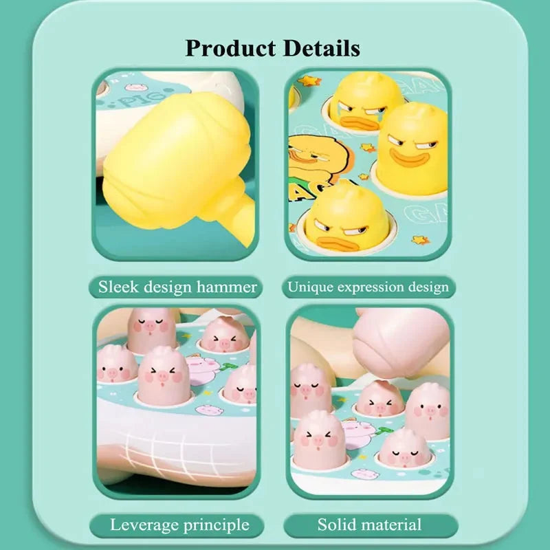 Duck shape hammer puzzle toy showing yellow hammer and round base with duck faces