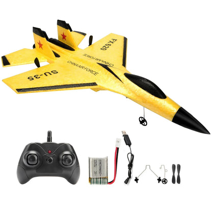 Yellow RC foam glider airplane with black 2.4G remote and included battery pack