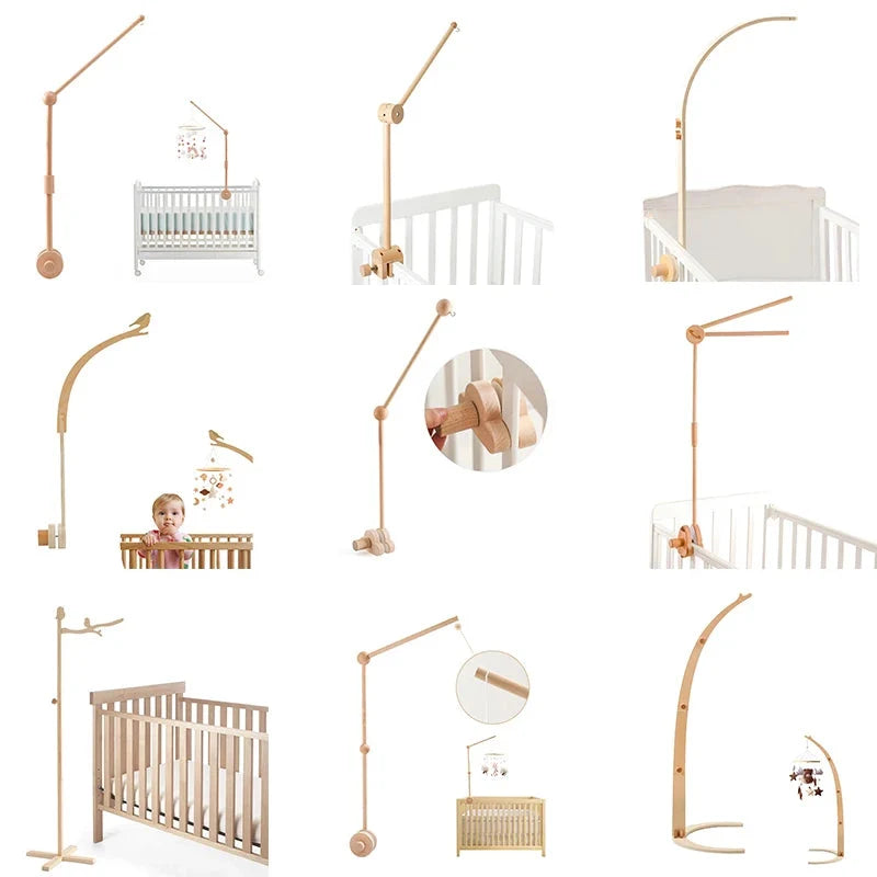 Wooden baby crib mobile holder with adjustable arm and hook attachments