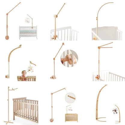 Wooden baby crib mobile holder with adjustable arm and hook attachments