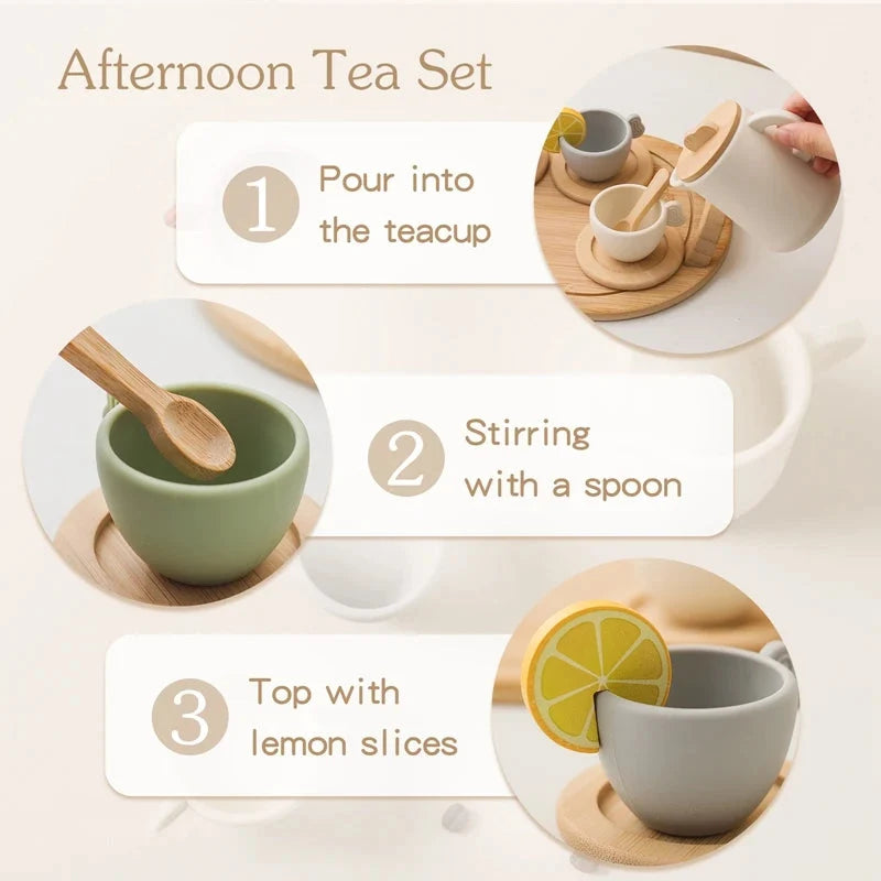 Wooden afternoon tea set with teapot and cups, spoon for stirring
