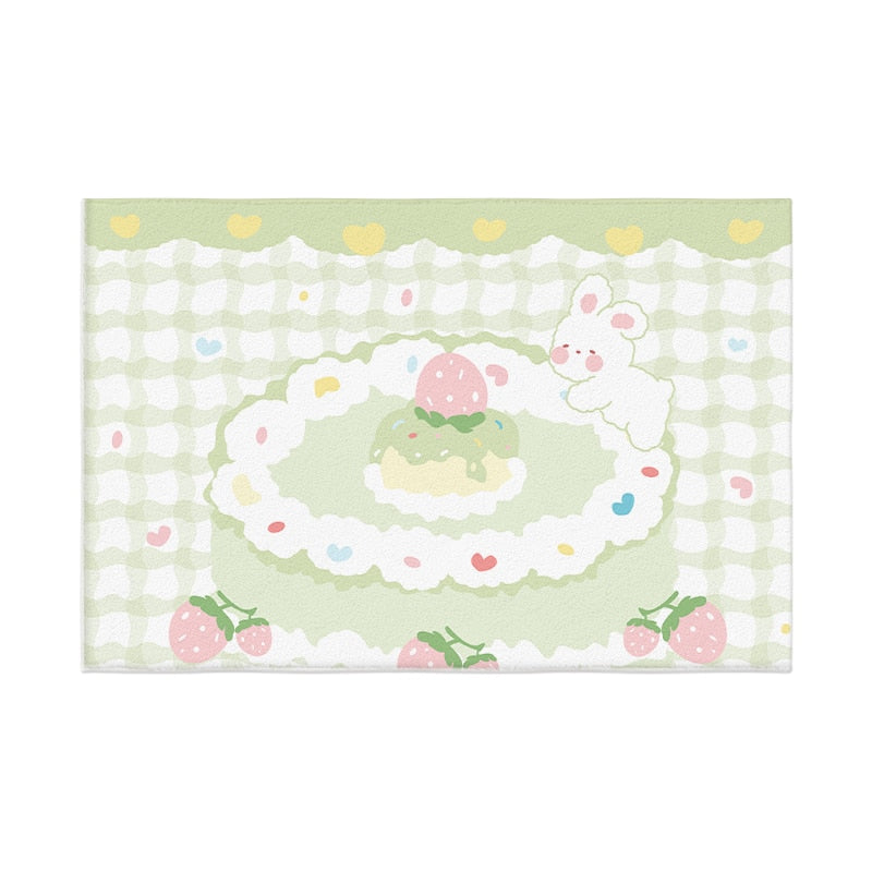 Plush area rug with bunny and egg pattern, light green and white with small hearts