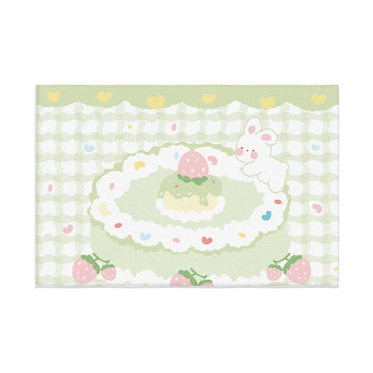 Plush area rug with bunny and egg pattern, light green and white with small hearts