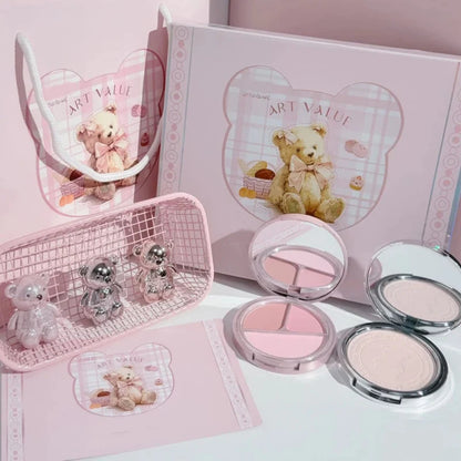 Decorative makeup gift set with heart window box and multiple round compacts