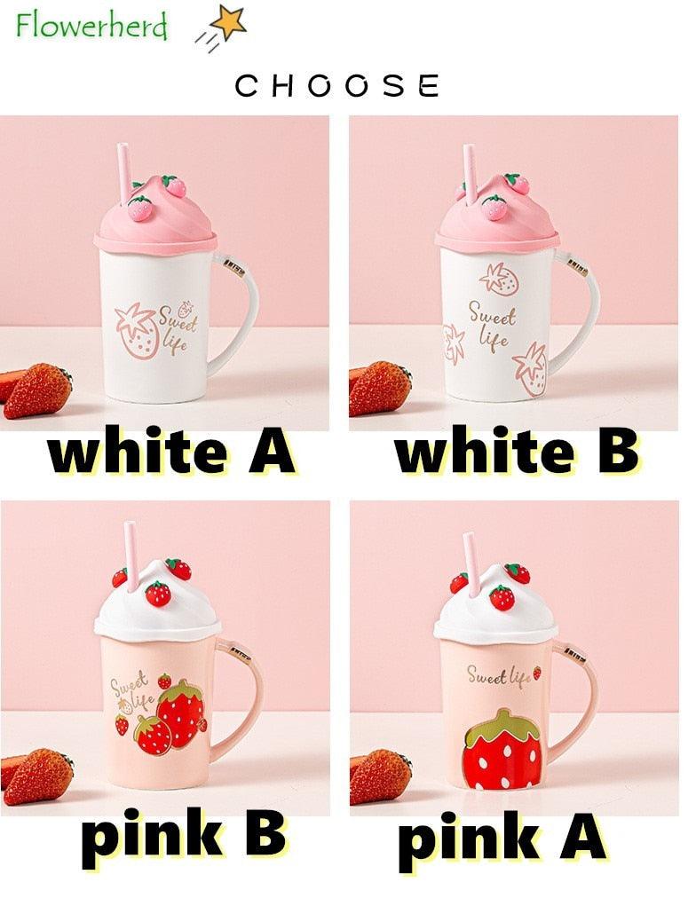 Strawberry themed tumbler mugs, white and pink variants with Sweet life and strawberry graphics